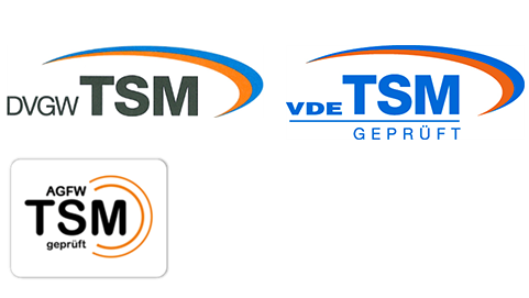 Logos der Verbände DVGW und VDE zur Bescheinigung des geprüften Technischen Sicherheitsmanagements