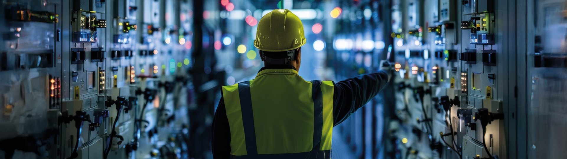 Arbeiter mit Schutzhelm und Warnweste steht in einem Kontrollraum und bedient Schaltschränke mit leuchtenden Anzeigen